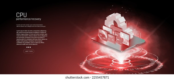 Quantum computer, large data processing, database concept. CPU isometric banner Central Computer Processors CPU concept Presentation microchip processor with lights and glow effects. Futuristic CPU AI
