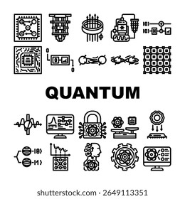 superposição, decoerência de entrelaçamento, algoritmo, criptografia, ilustração de contorno preto qubit de computador quântico