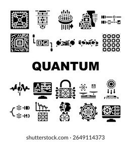 superposição, decoerência de entrelaçamento, algoritmo, criptografia, simulação pictograma de glifos qubits de computador quântico ilustrações