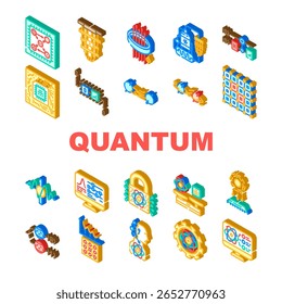 superposição, decoerência de entrelaçamento, algoritmo, criptografia, ilustração de sinais isométricos qubits de computador quântico