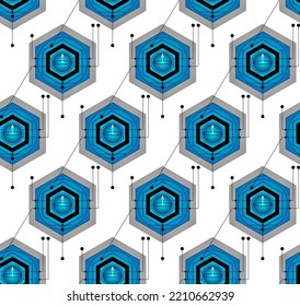 Quantum computer qubits, seamless pattern - any amount of qubits you want. Inside hexagonal wiring each quantum bit is schematically represented at 0 state by a Bloch sphere. Vector illustration.
