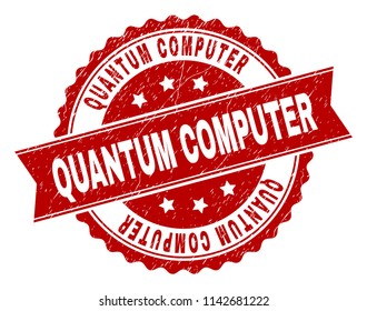 QUANTUM COMPUTER seal print with distress texture. Rubber seal imitation has circle medal shape and contains ribbon. Red vector rubber print of QUANTUM COMPUTER text with scratched texture.