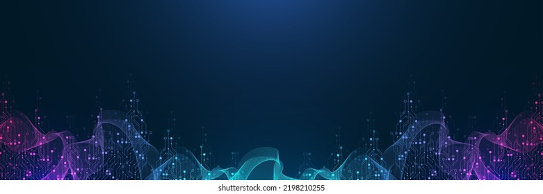Quantum computer technologies concept. Futuristic blue circuit board background vector. Modern technology circuit board texture background design. Waves flow. Quantum explosion technology