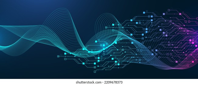 Quantum computer technologies concept. Futuristic blue circuit board background vector. Modern technology circuit board texture background design. Waves flow. Quantum explosion technology