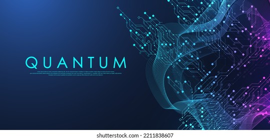 Quantum computer technologies concept. Futuristic blue circuit board background vector. Modern technology circuit board texture background design. Waves flow. Quantum explosion technology.