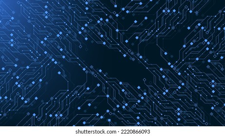 Quantum computer technologies concept. Futuristic blue circuit board background vector. Modern technology circuit board texture background design. Waves flow. Quantum explosion technology