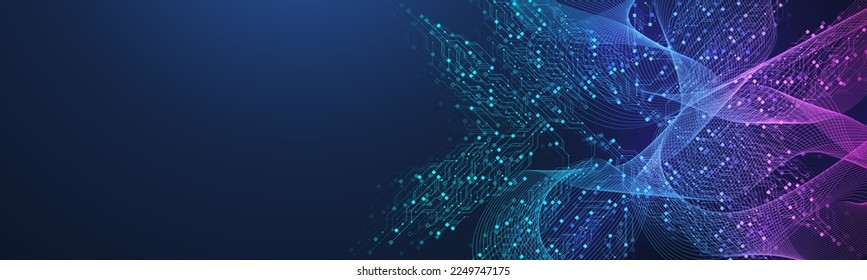 Quantum computer technologies concept. Futuristic blue circuit board background vector. Modern technology circuit board texture background design. Waves flow. Quantum explosion technology