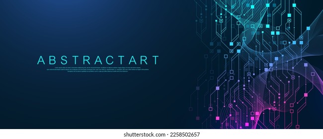 Quantum computer technologies concept. Futuristic blue circuit board background vector. Modern technology circuit board texture background design. Waves flow. Quantum explosion technology