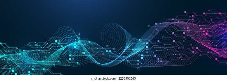 Quantum computer technologies concept. Futuristic blue circuit board background vector. Modern technology circuit board texture background design. Waves flow. Quantum explosion technology