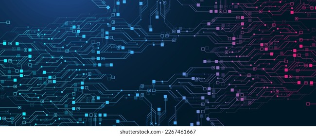 Quantum computer technologies concept. Futuristic blue circuit board background vector. Modern technology circuit board texture background design. Waves flow. Quantum explosion technology