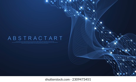 Concepto de tecnologías cuánticas de computación. Vector de fondo de la placa de circuito azul futurista. Diseño de fondo de textura de la placa de circuito de tecnología moderna. Las olas fluyen. Tecnología de explosión cuántica