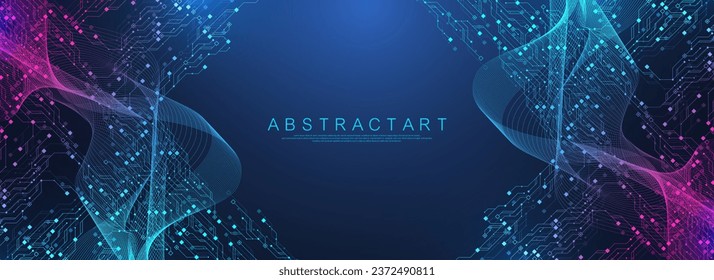 Concepto de tecnologías cuánticas de computación. Vector de fondo de la placa de circuito azul futurista. Diseño de fondo de textura de la placa de circuito de tecnología moderna. Las olas fluyen. Tecnología de explosión cuántica