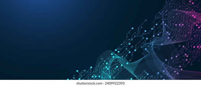 Quantum computer technologies concept. Futuristic blue circuit board background vector. Modern technology circuit board texture background design. Waves flow. Quantum explosion technology.