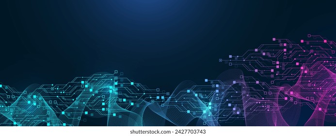 Konzept der Quantencomputertechnologien. Futuristischer blauer Leiterplatten-Hintergrundvektor. Moderne Technologie Schaltungsplatine Textur Hintergrund Design. Wellenfluss. Quantenexplosionstechnologie.