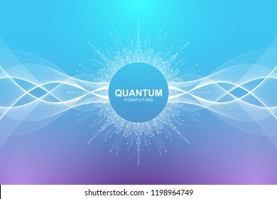 Quantum computer technology concept. Deep learning artificial intelligence. Big data algorithms visualization for business, science, technology. Waves flow. Vector illustration.