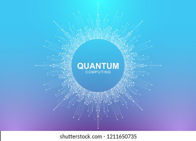 Quantum computer technology concept. Deep learning artificial intelligence. Big data algorithms visualization for business, science, technology. Waves flow, dots, lines. Quantum vector illustration.