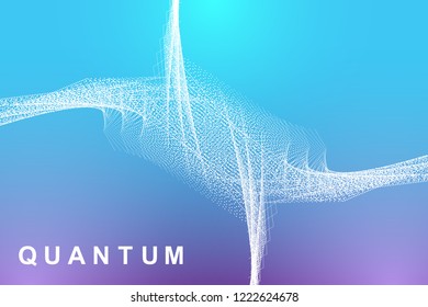 Quantum computer technology concept. Deep learning artificial intelligence. Big data algorithms visualization for business, science, technology. Waves flow, dots, lines. Quantum vector illustration.