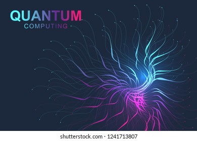 Quantum computer technology concept. Deep learning artificial intelligence. Big data algorithms visualization for business, science, technology. Waves flow, dots, lines. Quantum vector illustration.