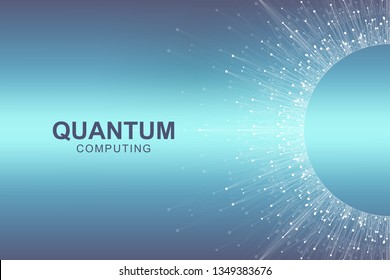 Quantum computer technology concept. Deep learning artificial intelligence. Big data algorithms visualization for business, science, technology. Waves flow, dots, lines. Quantum vector illustration.