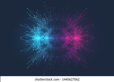 Quantum computer technology concept. Deep learning artificial intelligence. Big data algorithms visualization for business, science, technology. Waves flow, dots, lines. Quantum vector illustration