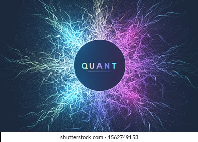 Quantum computer technology concept. Deep learning artificial intelligence. Big data algorithms visualization for business, science, technology. Waves flow, dots, lines. Quantum vector illustration