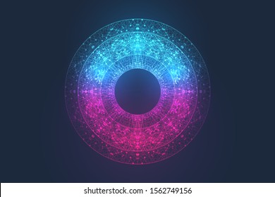 Quantum computer technology concept. Deep learning artificial intelligence. Big data algorithms visualization for business, science, technology. Waves flow, dots, lines. Quantum vector illustration