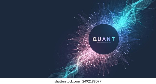 Quantum computer technology concept. Deep learning artificial intelligence. Big data algorithms visualization for business, science, technology. Waves flow, dots, lines. Quantum vector illustration.