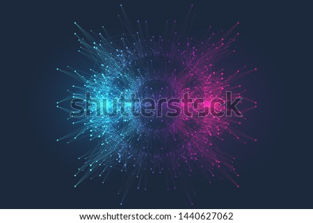 Quantum computer technology concept. Deep learning artificial intelligence. Big data algorithms visualization for business, science, technology. Waves flow, dots, lines. Quantum vector illustration