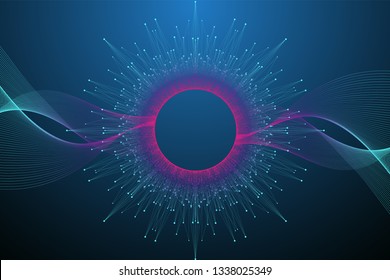 Quantum computer technology concept. Sphere explosion background. Deep learning artificial intelligence. Big data algorithms visualization. Waves flow. Quantum explosion, vector illustration