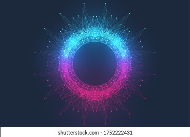 Quantum computer technology concept. Sphere explosion background. Deep learning artificial intelligence. Big data algorithms visualization. Waves flow. Quantum explosion, vector illustration