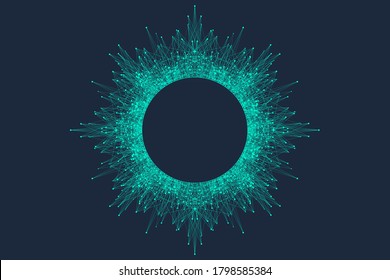 Quantum computer technology concept. Sphere explosion background. Deep learning artificial intelligence. Big data algorithms visualization. Waves flow. Quantum explosion, vector illustration