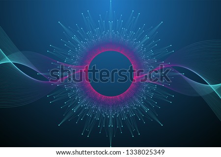 Quantum computer technology concept. Sphere explosion background. Deep learning artificial intelligence. Big data algorithms visualization. Waves flow. Quantum explosion, vector illustration