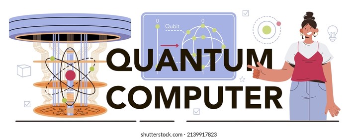 Quantum computer typographic header. Innovative calculations technology. Scientists working on quantum computer chip, semiconductor manufacturing. Flat vector illustration