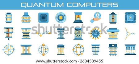 Quantum computer vector set including processors, qubits, circuits, and futuristic technology elements for science, research and innovation design