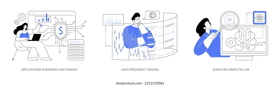 Conjunto de ilustración vectorial de concepto abstracto de computación cuántica. Aplicaciones en banca y finanzas, operaciones de alta frecuencia, laboratorio cuántico de computación, detección de fraude, metáfora abstracta de tecnología informática moderna.