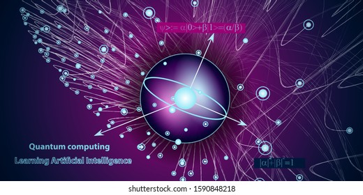Quantum computing abstract tech background concept with qubit. Learning artificial intelligence element. Cryptography infographic vector. Big data algorithms visualization.