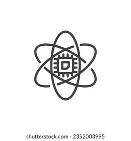 Quantum computing chip line icon. linear style sign for mobile concept and web design. Processor chip with atom molecule outline vector icon. Symbol, logo illustration. Vector graphics