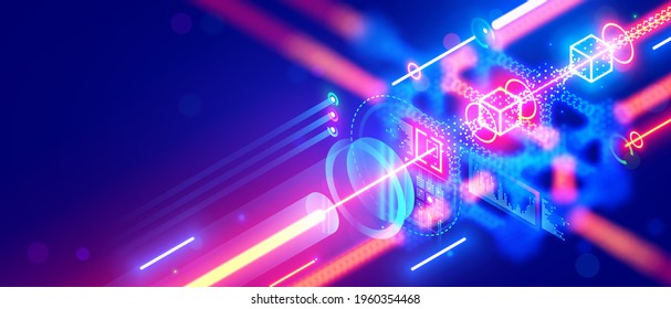 Quantum computing. Close up of optical cpu process light signal. Quantum computer of glowing qubits. Laser ray signal transmitting digital signal in chip or processor. Abstract technology background.
