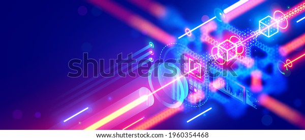 Quantum computing. Close up of optical cpu\
process light signal. Quantum computer of glowing qubits. Laser ray\
signal transmitting digital signal in chip or processor. Abstract\
technology background.