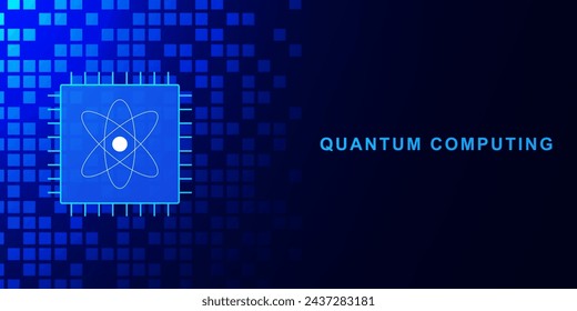 Concepto de computación cuántica con procesador de microchip. Gran procesamiento de datos y base de datos. CPU central del procesador del ordenador en el fondo azul de la tecnología. Ilustración vectorial.