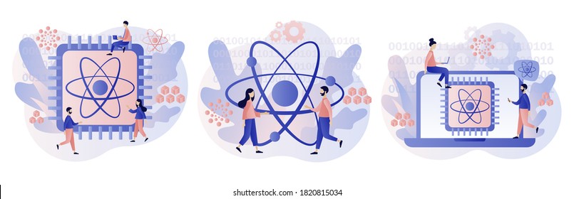 Quantum Computing Concept. Optical Technology, Photonics Research. Tiny People Engineers And Scientists Working With Quantum Computer Chip. Modern Flat Cartoon Style. Vector Illustration 