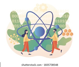 Quantum Computing Concept. Optical Technology, Photonics Research. Tiny People Engineers And Scientists Investigate Quantum. Modern Flat Cartoon Style. Vector Illustration