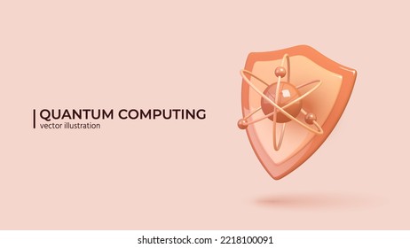 Quantum Computing - Concept. Realistic 3D design of atom and shield icon. Qubit, cryptography, security. Realistic 3d cartoon minimalistic style. Vector illustration