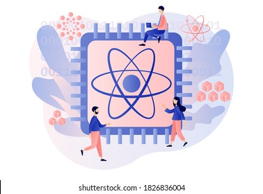 Quantum Computing Concept. Tiny People Engineers And Scientists Working With Big Quantum Computer Chip. Optical Technology, Photonics Research. Modern Flat Cartoon Style. Vector Illustration