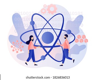 Quantum computing concept. Tiny people engineers and scientists investigate quantum. Optical technology, photonics research. Modern flat cartoon style. Vector illustration