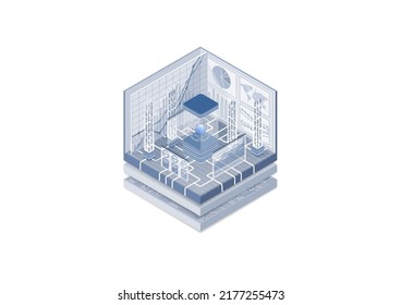 Quantum computing concept. Vector illustration of isometric cube. Super computer with quantum technology connected to the internet. 
