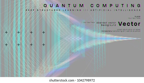 Quantum computing, deep learning artificial intelligence, signal cryptography infographic vector illustrations. Big data algorithms visualization for business, science presentations, posters, covers
