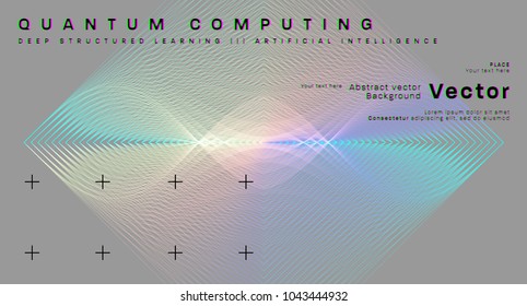 Quantum computing, deep learning artificial intelligence, signal cryptography infographic vector illustrations. Big data algorithms visualization for business, science presentations, posters, covers