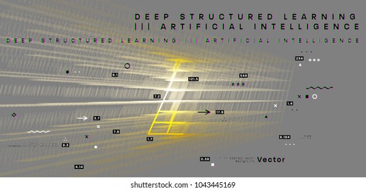 Quantum computing, deep learning artificial intelligence, signal cryptography infographic vector illustrations. Big data algorithms visualization for business, science presentations, posters, covers