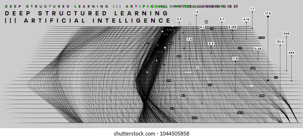 Quantum computing, deep learning artificial intelligence, signal cryptography infographic vector illustrations. Big data algorithms visualization for business, science presentations, posters, covers